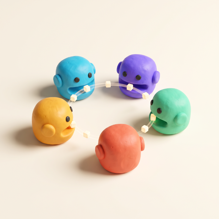 Five clay robot heads passing cubes between them
