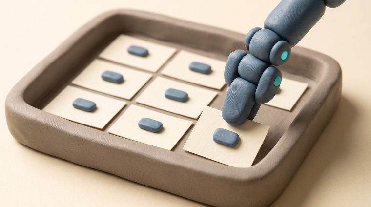 A clay tray of paper cards being placed by a robot arm